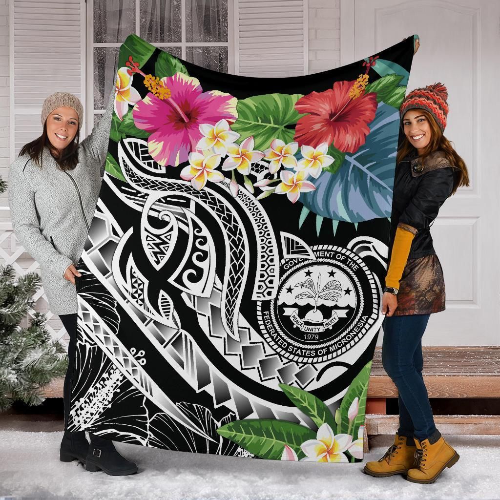 FSM Polynesian Premium Blanket - Summer Plumeria (Black)-Myprintsy