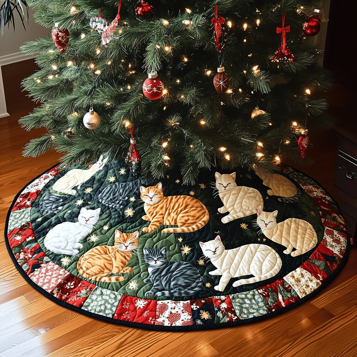 Feline Festivities Quilted Christmas Tree Skirt VTQ-Myprintsy