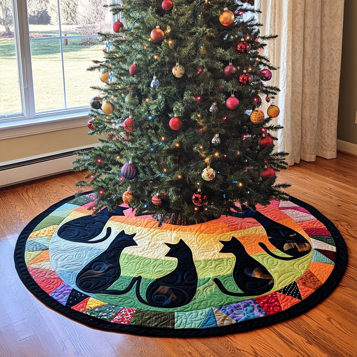 Feline Shadows Quilted Christmas Tree Skirt-Myprintsy