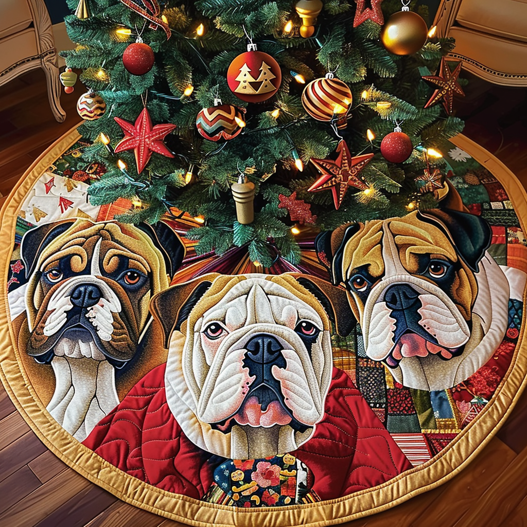 Festive Bulldog Fun Christmas Quilted Tree Skirt-Myprintsy