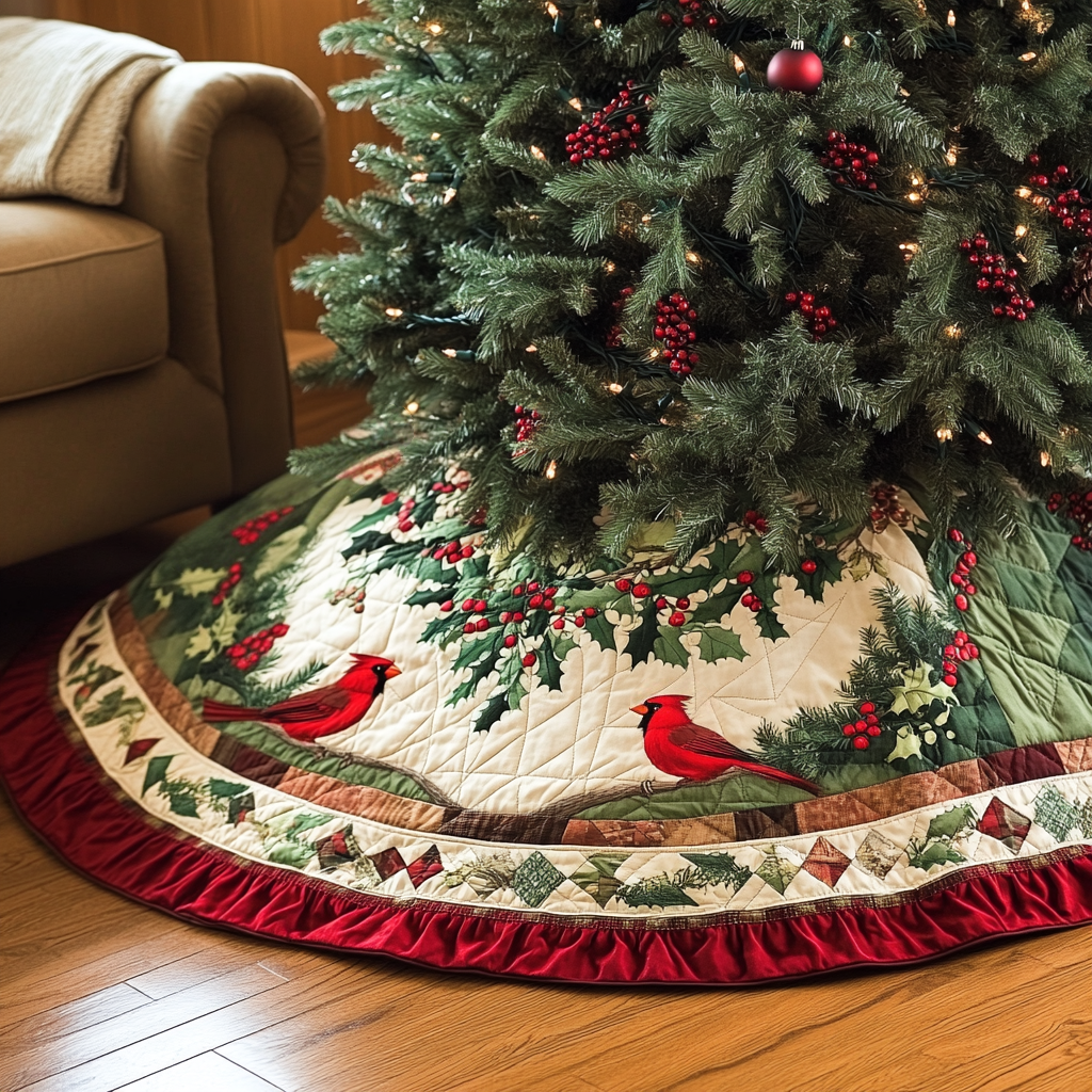 Festive Cardinals Christmas Quilted Tree Skirt VH VTQ-Myprintsy