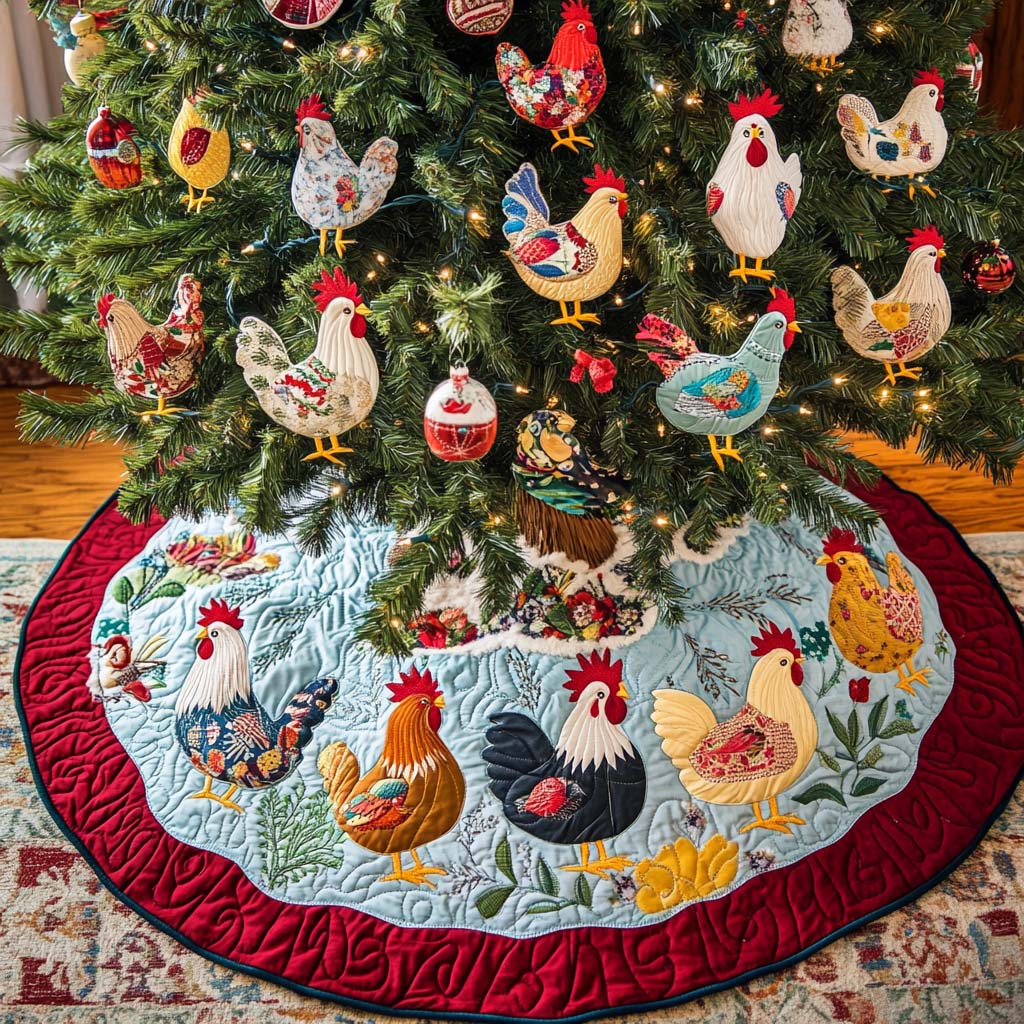 Festive Chickens Christmas Quilted Tree Skirt VTQ-Myprintsy