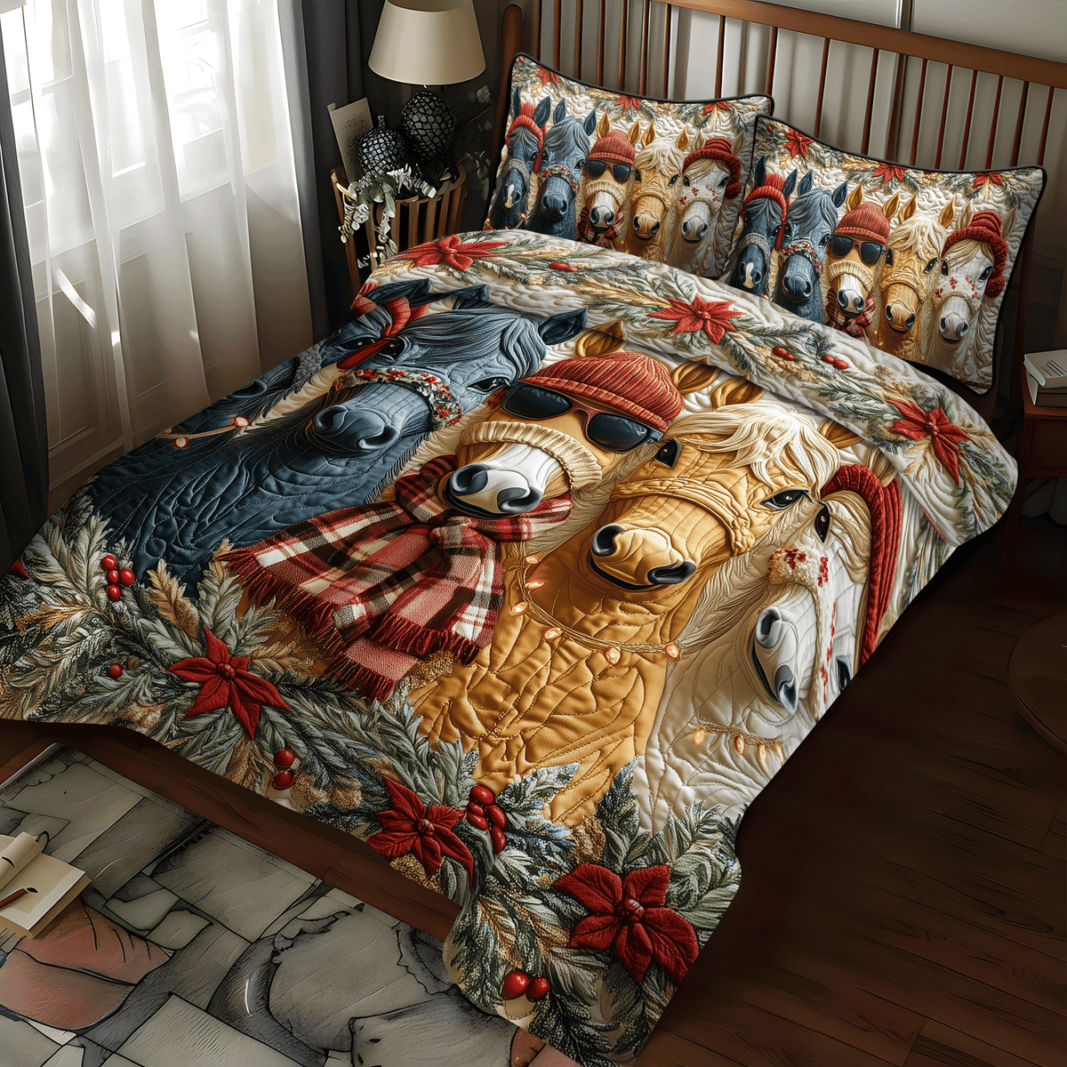 Festive Christmas Horse -Piece Quilted Bedding Set VTQ-Myprintsy