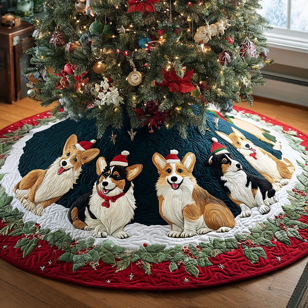 Festive Corgi Parade Quilted Christmas Tree Skirt VTQ-Myprintsy