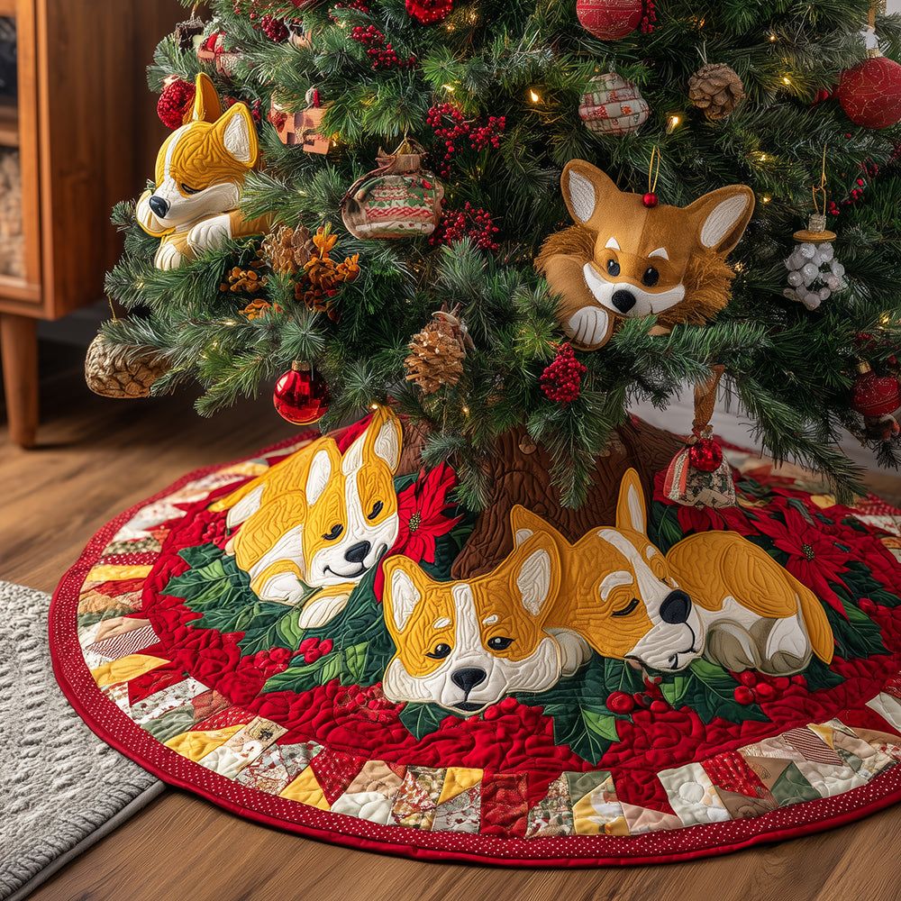 Festive Corgi Snuggle Christmas Quilted Tree Skirt-Myprintsy