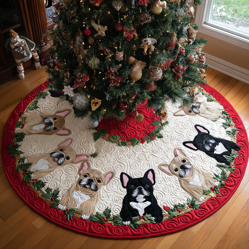 Festive Frenchie Cheer Quilted Christmas Tree Skirt-Myprintsy