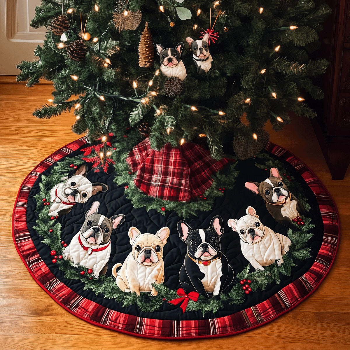 Festive Frenchies Quilted Christmas Tree Skirt-Myprintsy