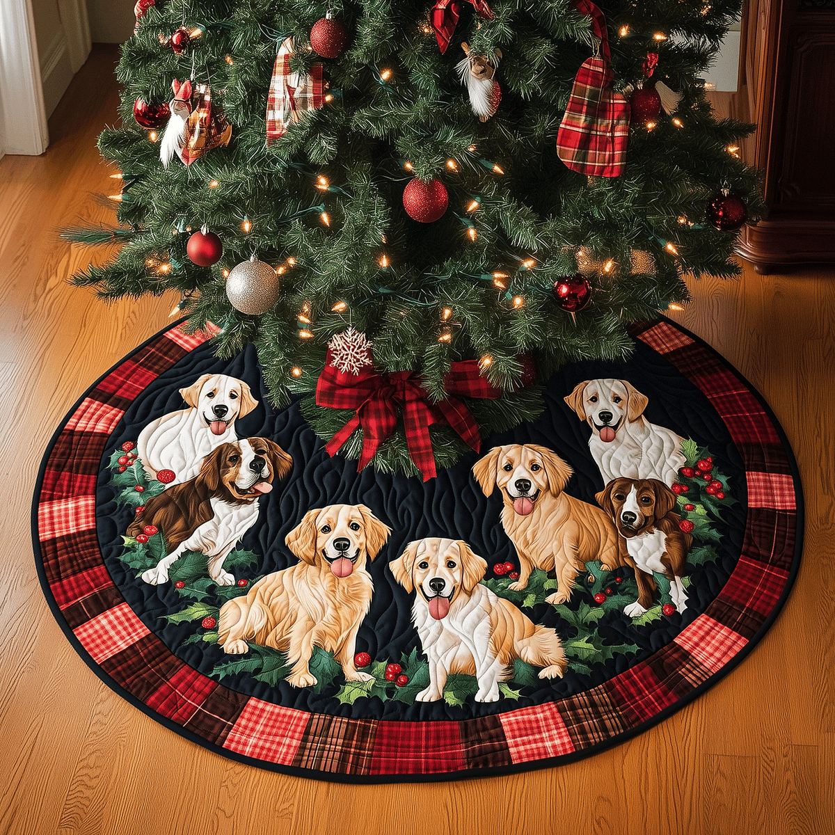 Festive Golden Retriever Quilted Christmas Tree Skirt-Myprintsy