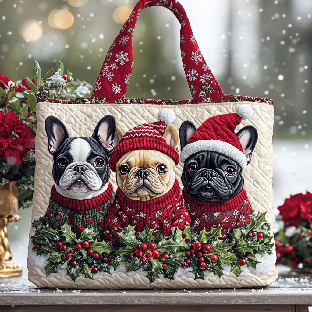 Festive Paris Pup Quilted Tote Bag VTQ-Myprintsy