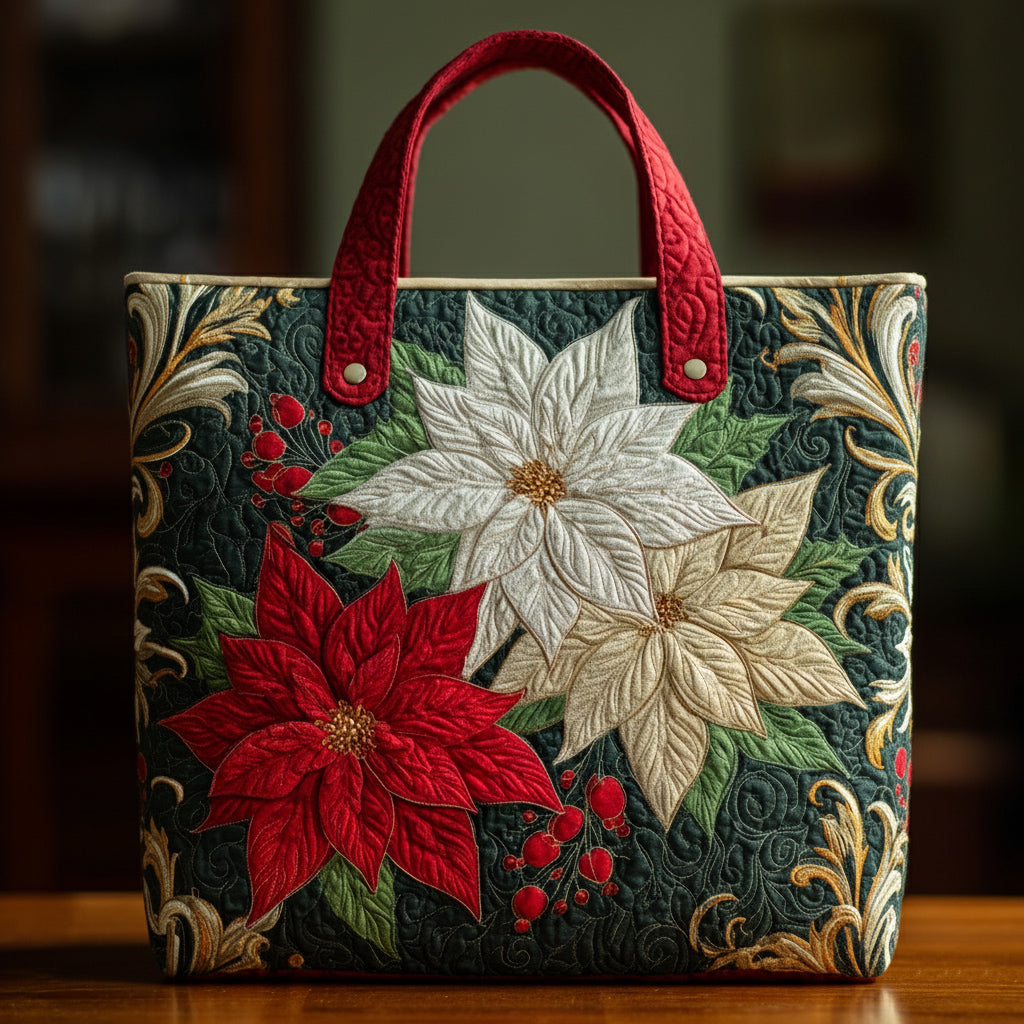 Festive Poinsettia Quilted Tote Bag VTQ-Myprintsy