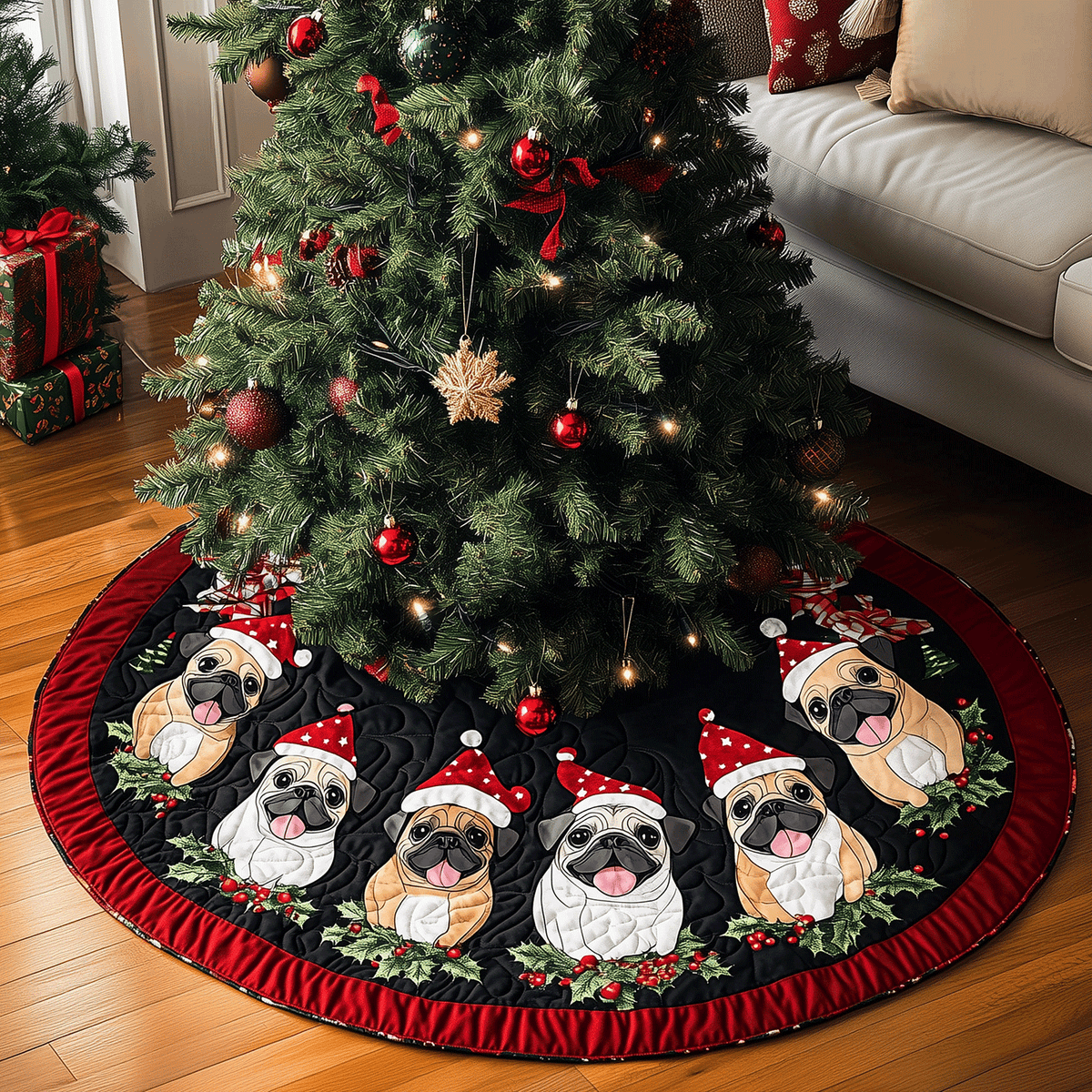 Festive Pug Party Quilted Christmas Tree Skirt-Myprintsy