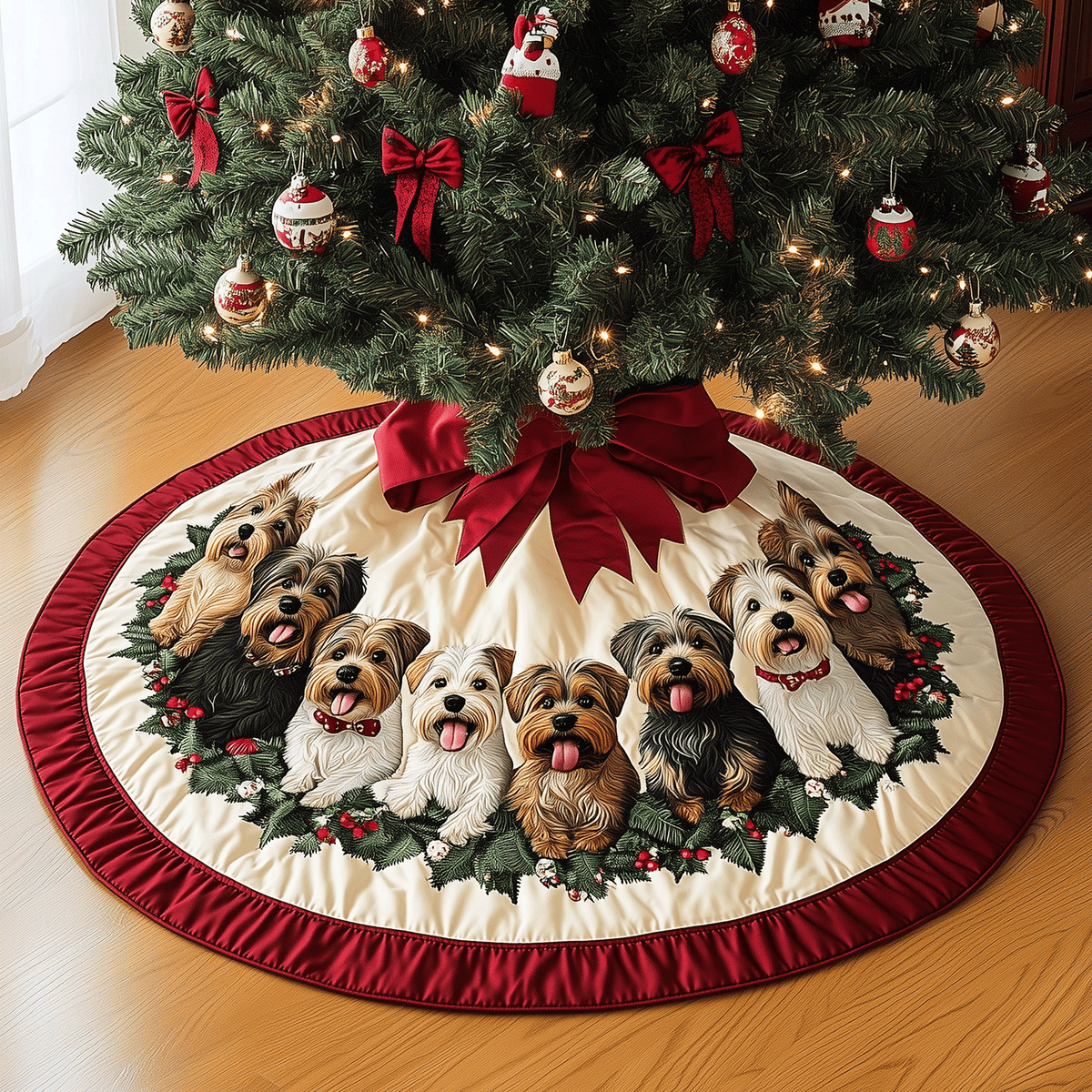 Festive Yorkie Circle Quilted Christmas Tree Skirt-Myprintsy