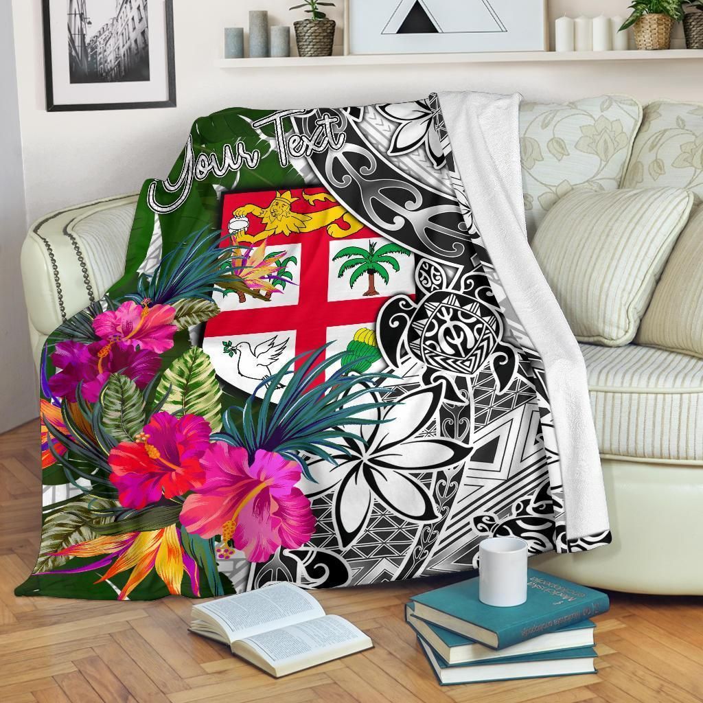 Fiji Custom Personalised Premium Blanket White - Turtle Plumeria Banana Leaf-Myprintsy