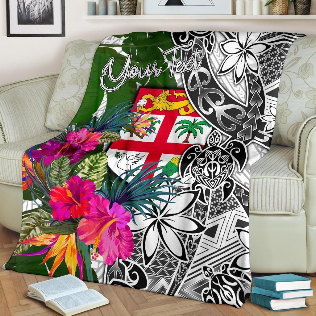 Fiji Custom Personalised Premium Blanket White - Turtle Plumeria Banana Leaf-Myprintsy