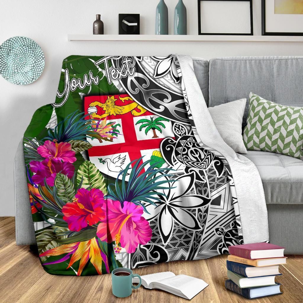 Fiji Custom Personalised Premium Blanket White - Turtle Plumeria Banana Leaf-Myprintsy