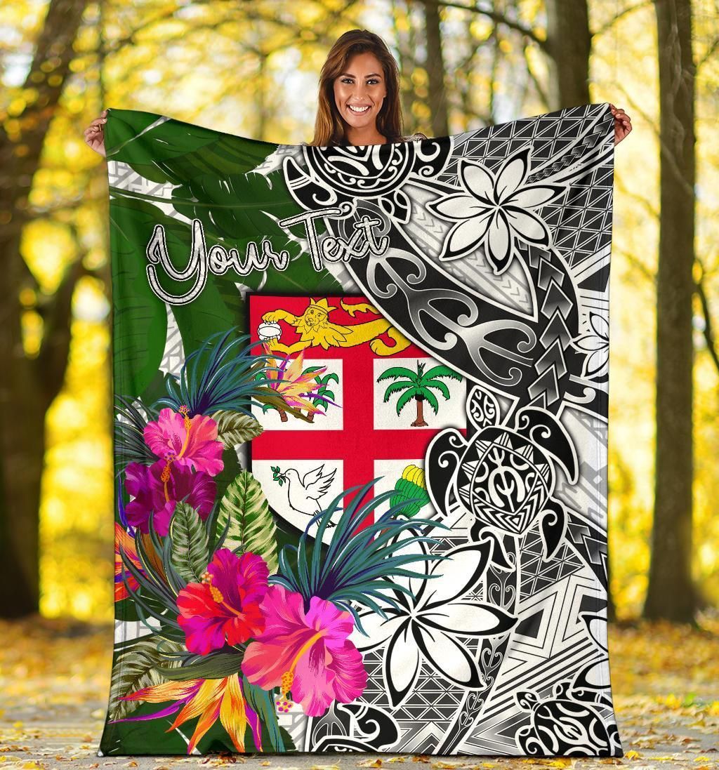 Fiji Custom Personalised Premium Blanket White - Turtle Plumeria Banana Leaf-Myprintsy