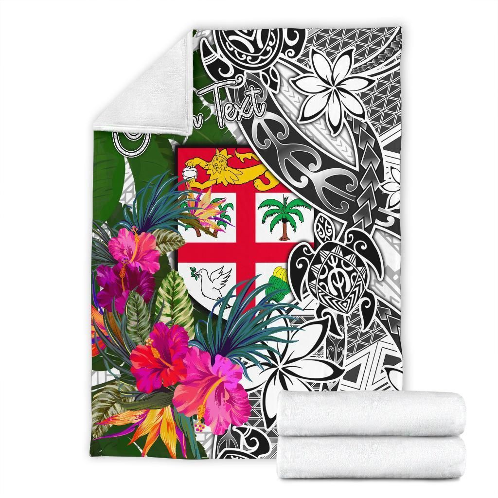 Fiji Custom Personalised Premium Blanket White - Turtle Plumeria Banana Leaf-Myprintsy