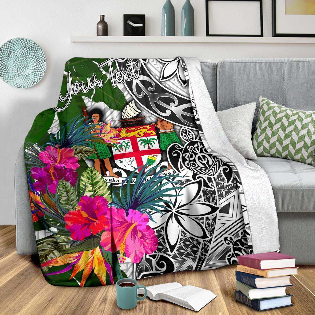 Fiji Custom Personalised Premium Blanket White - Turtle Plumeria Banana Leaf Crest-Myprintsy
