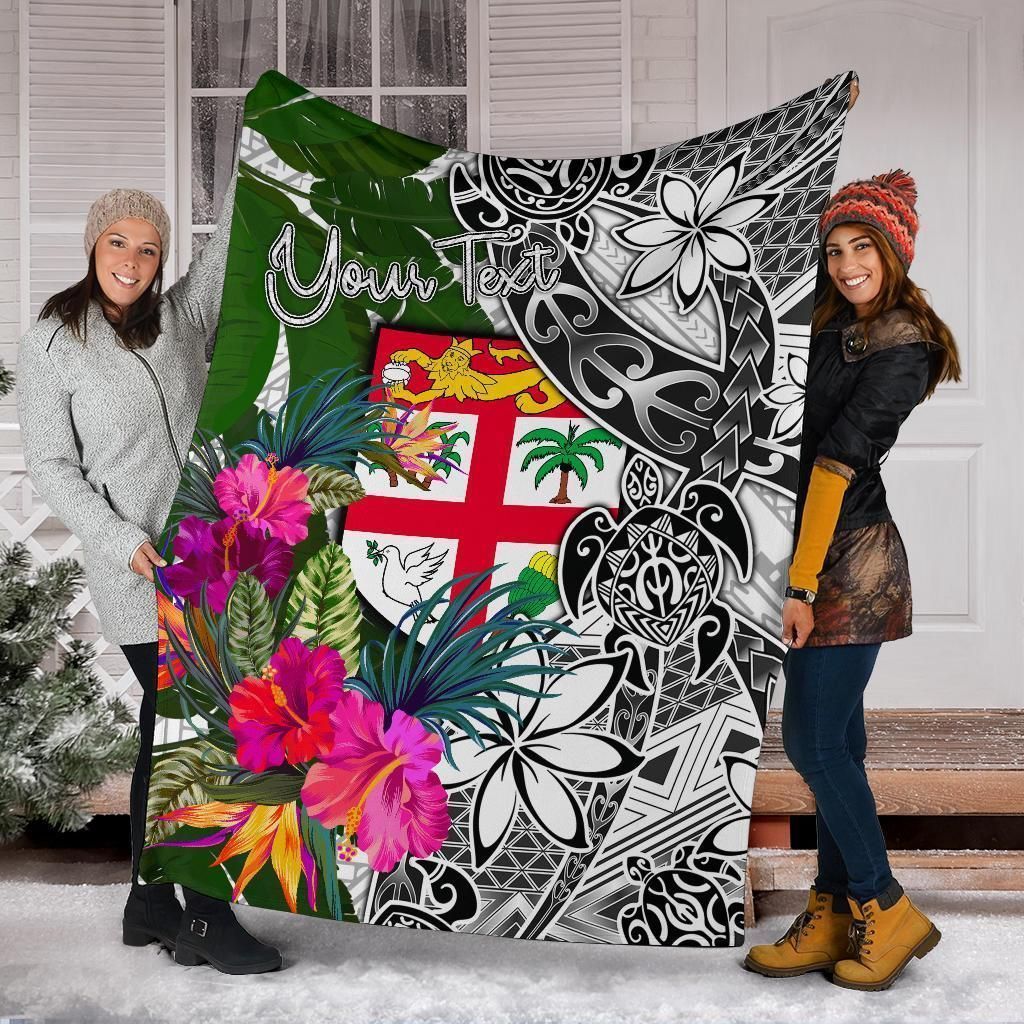 Fiji Custom Personalised Premium Blanket White - Turtle Plumeria Banana Leaf-Myprintsy