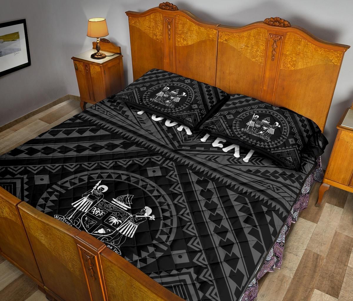 Fiji Personalised Quilt Bed Set - Fiji Seal With Polynesian Tattoo Style ( Black)-Myprintsy