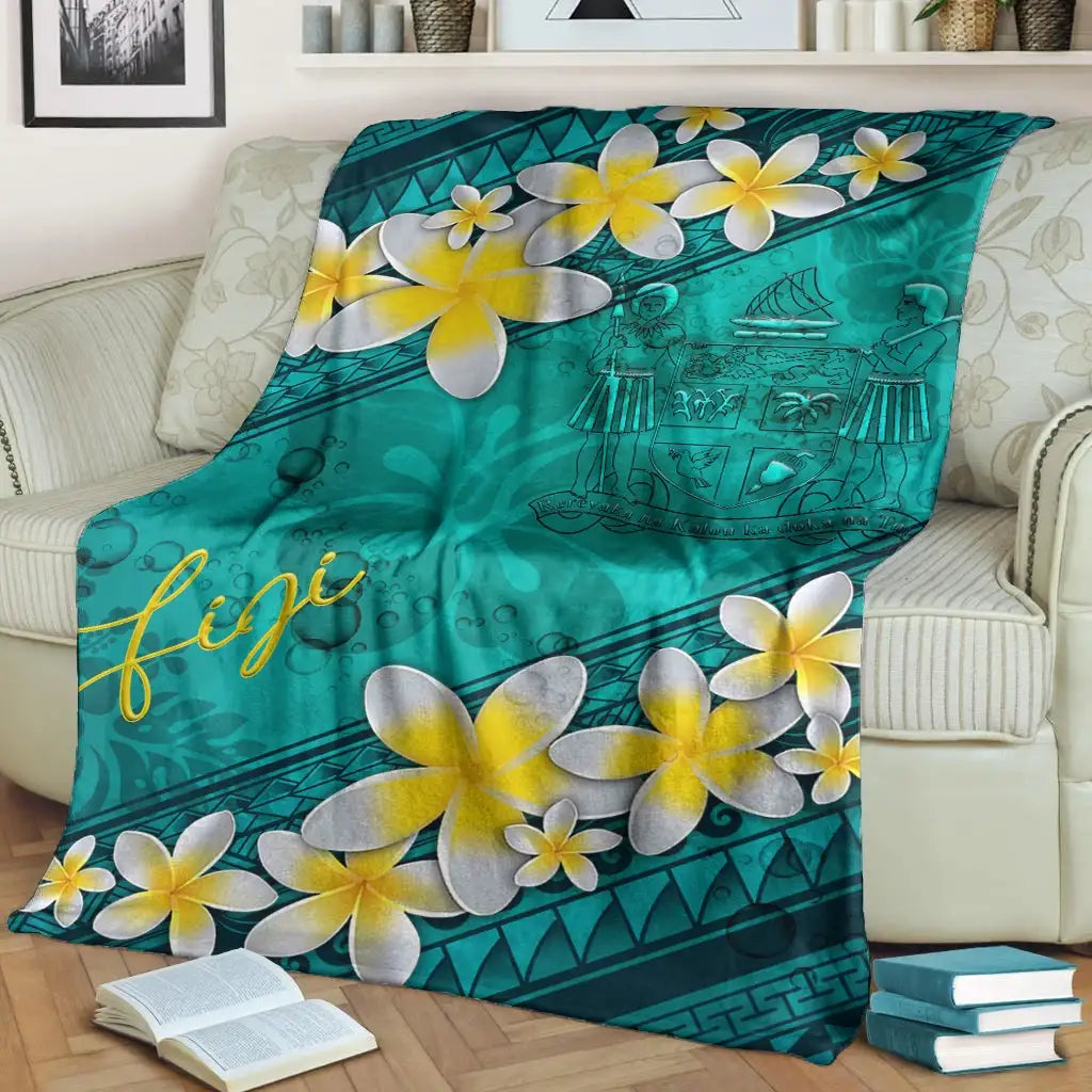 Fiji Polynesian Blanket - Plumeria With Blue Ocean-Myprintsy