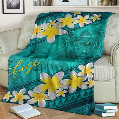 Fiji Polynesian Blanket - Plumeria With Blue Ocean-Myprintsy