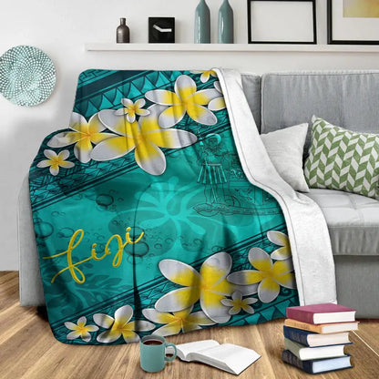 Fiji Polynesian Blanket - Plumeria With Blue Ocean-Myprintsy