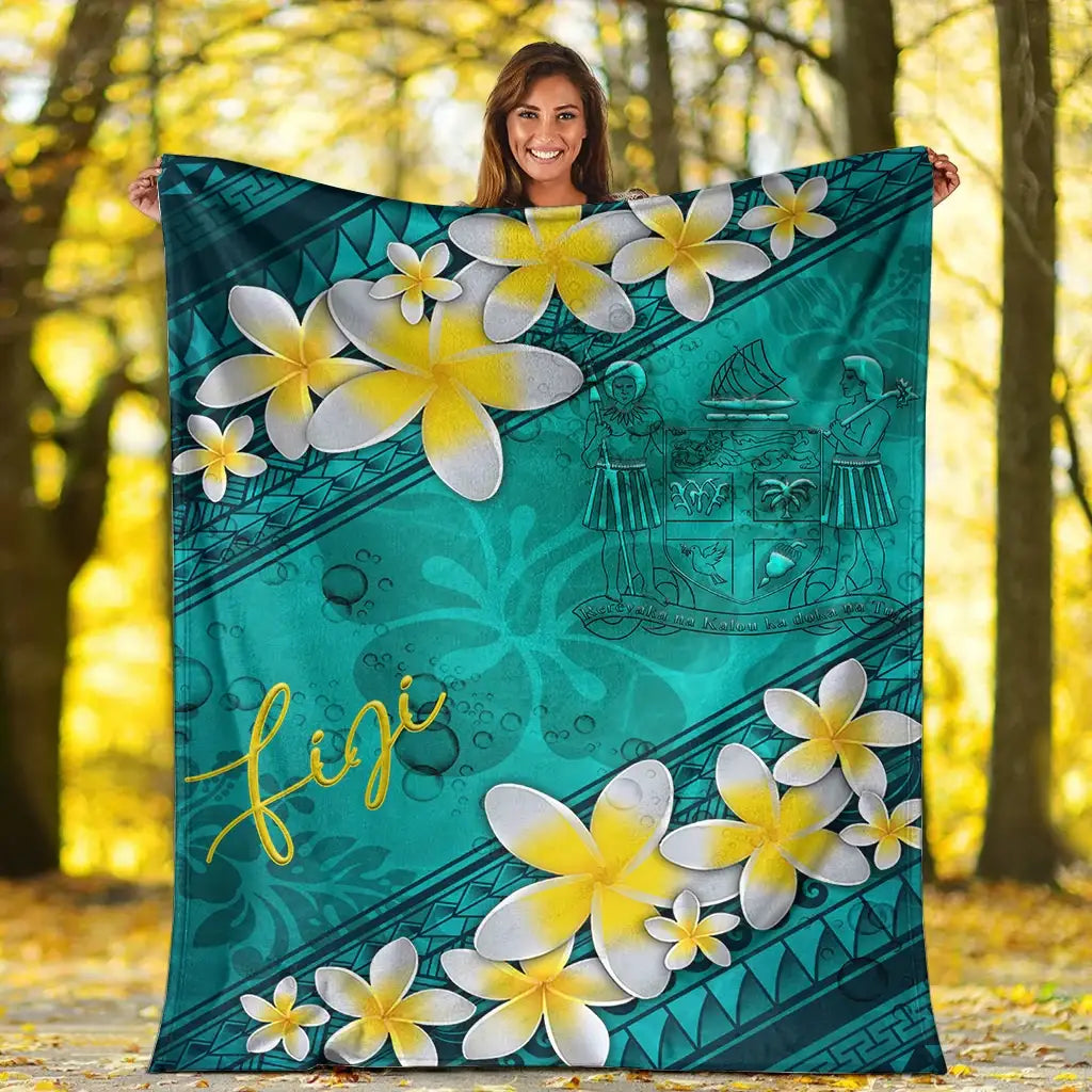 Fiji Polynesian Blanket - Plumeria With Blue Ocean-Myprintsy