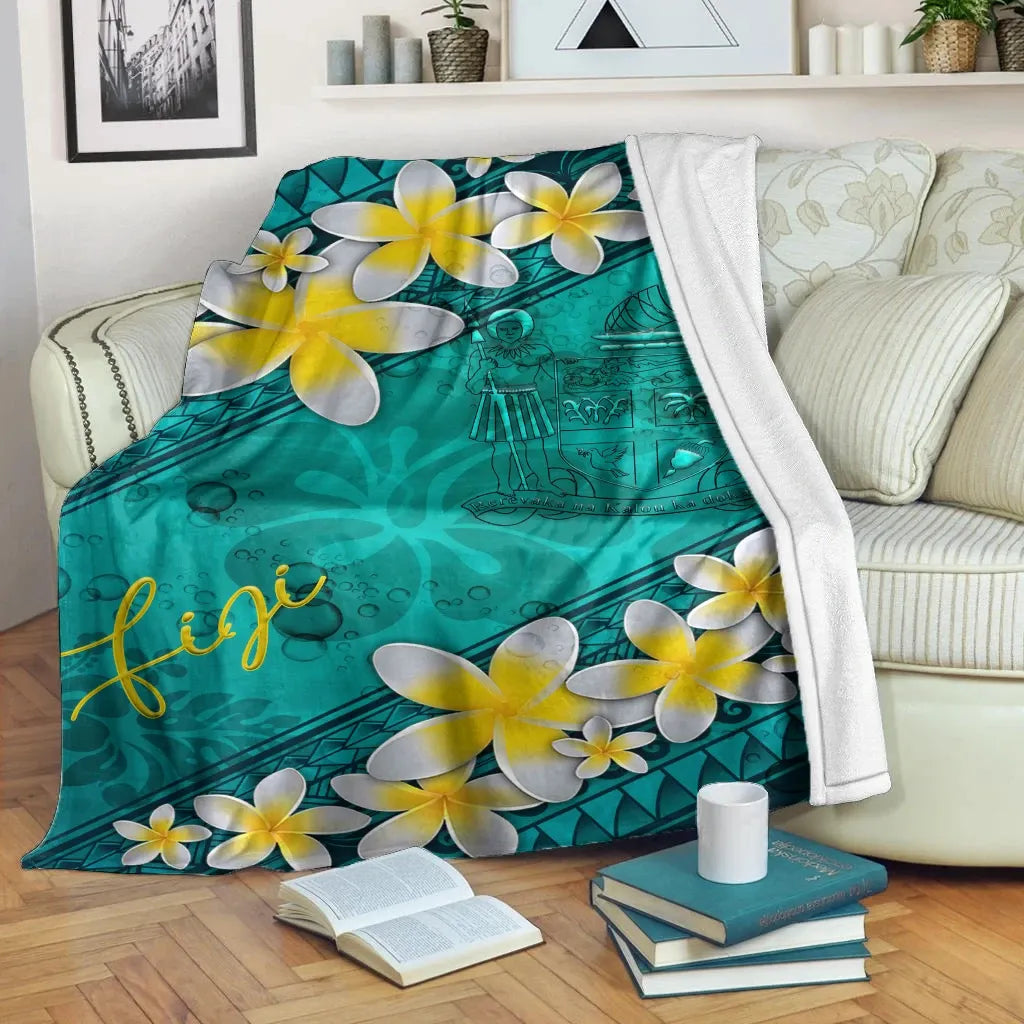 Fiji Polynesian Blanket - Plumeria With Blue Ocean-Myprintsy