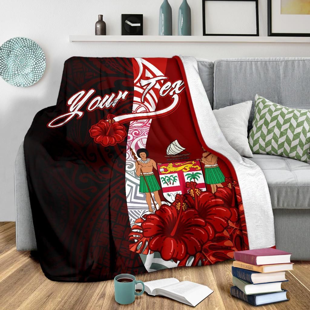 Fiji Polynesian Custom Personalised Premium Blanket - Coat Of Arm With Hibiscus-Myprintsy