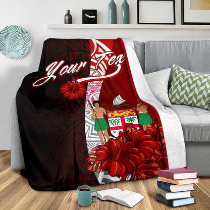 Fiji Polynesian Custom Personalised Premium Blanket - Coat Of Arm With Hibiscus-Myprintsy