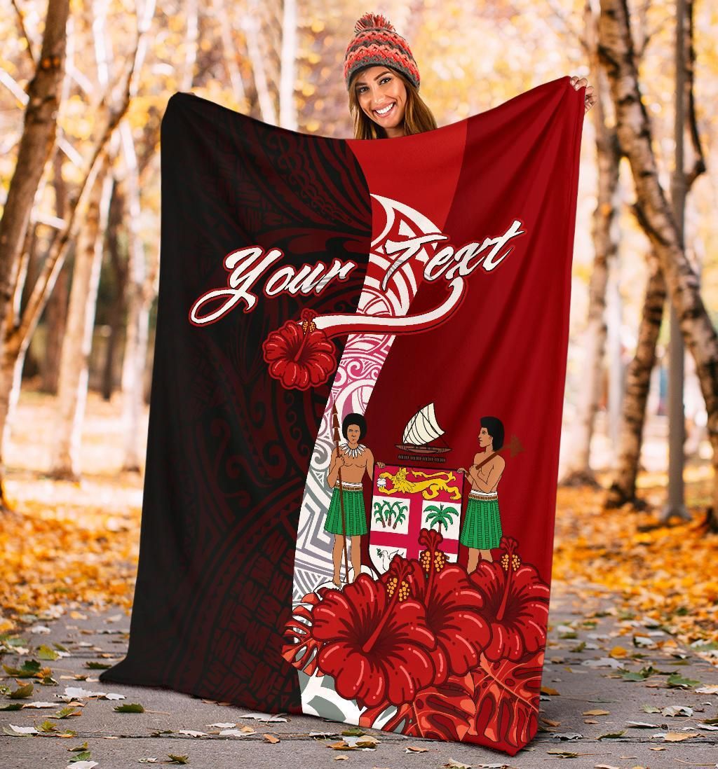 Fiji Polynesian Custom Personalised Premium Blanket - Coat Of Arm With Hibiscus-Myprintsy
