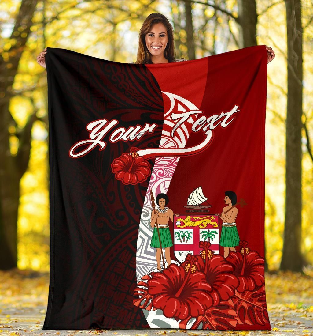 Fiji Polynesian Custom Personalised Premium Blanket - Coat Of Arm With Hibiscus-Myprintsy