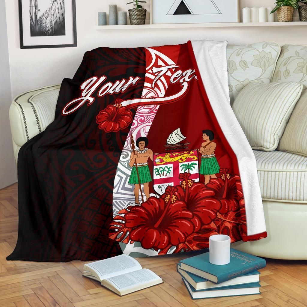 Fiji Polynesian Custom Personalised Premium Blanket - Coat Of Arm With Hibiscus-Myprintsy