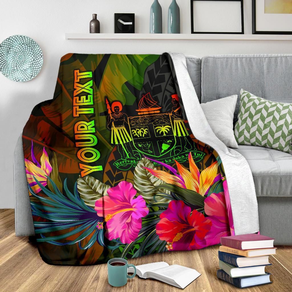 Fiji Polynesian Personalised Premium Blanket - Hibiscus and Banana Leaves-Myprintsy