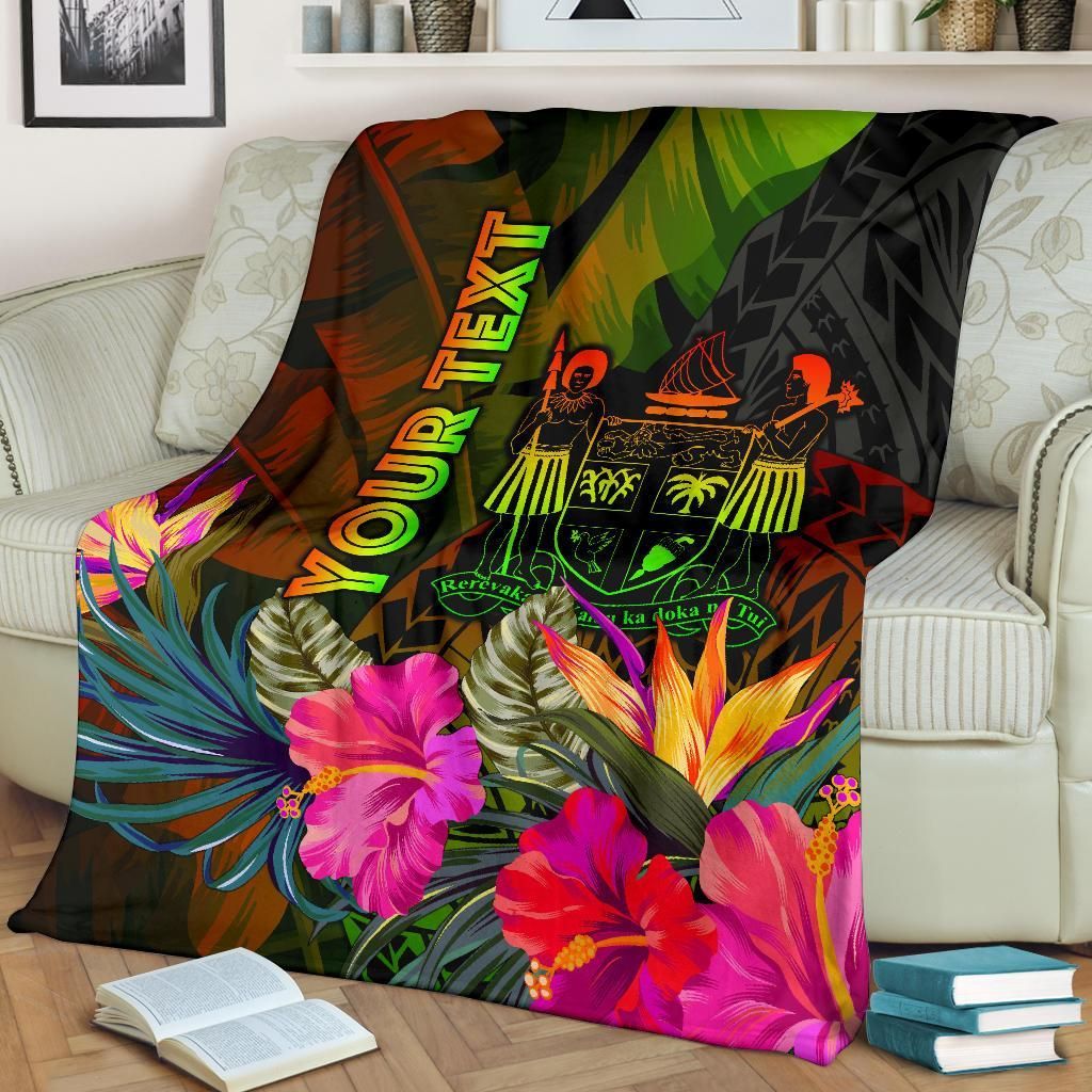 Fiji Polynesian Personalised Premium Blanket - Hibiscus and Banana Leaves-Myprintsy