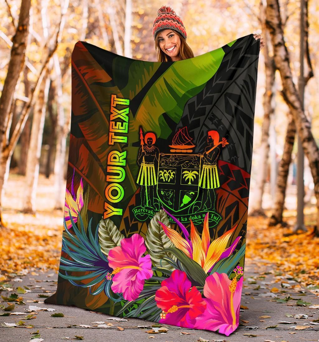 Fiji Polynesian Personalised Premium Blanket - Hibiscus and Banana Leaves-Myprintsy