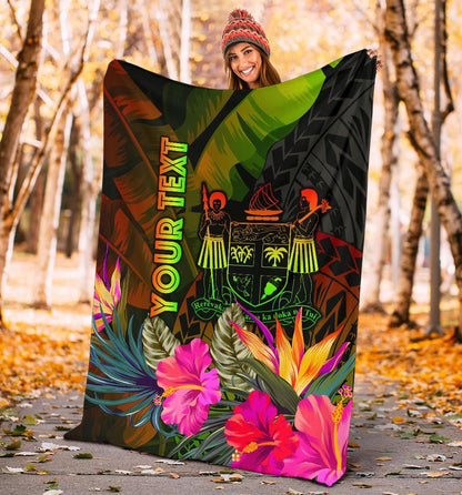 Fiji Polynesian Personalised Premium Blanket - Hibiscus and Banana Leaves-Myprintsy