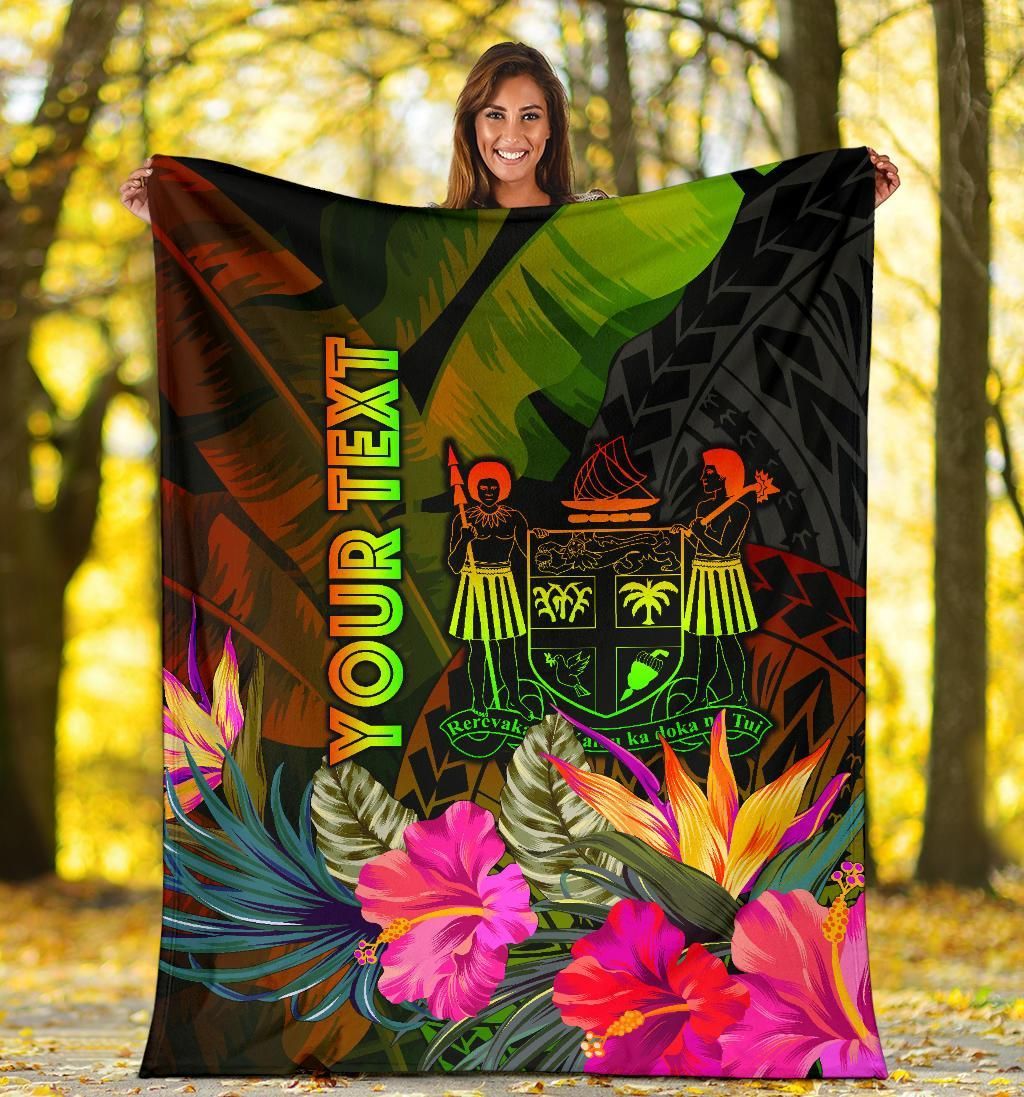 Fiji Polynesian Personalised Premium Blanket - Hibiscus and Banana Leaves-Myprintsy