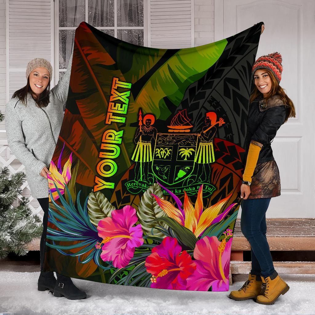 Fiji Polynesian Personalised Premium Blanket - Hibiscus and Banana Leaves-Myprintsy