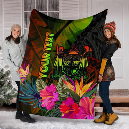 Fiji Polynesian Personalised Premium Blanket - Hibiscus and Banana Leaves-Myprintsy
