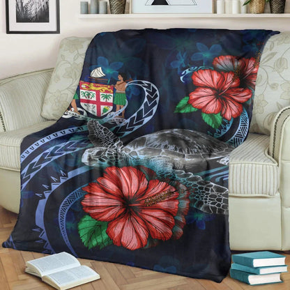 Fiji Polynesian Premium Blanket - Blue Turtle Hibiscus-Myprintsy