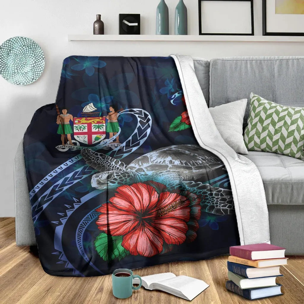 Fiji Polynesian Premium Blanket - Blue Turtle Hibiscus-Myprintsy