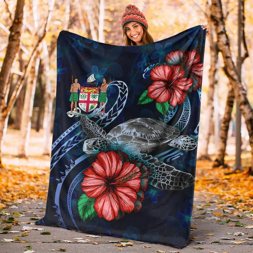 Fiji Polynesian Premium Blanket - Blue Turtle Hibiscus-Myprintsy