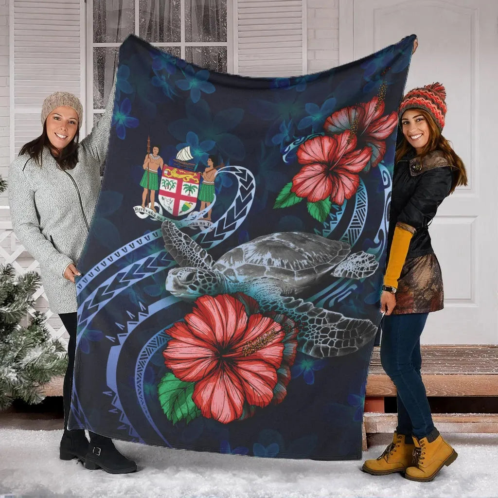 Fiji Polynesian Premium Blanket - Blue Turtle Hibiscus-Myprintsy