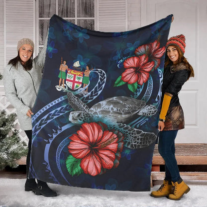 Fiji Polynesian Premium Blanket - Blue Turtle Hibiscus-Myprintsy