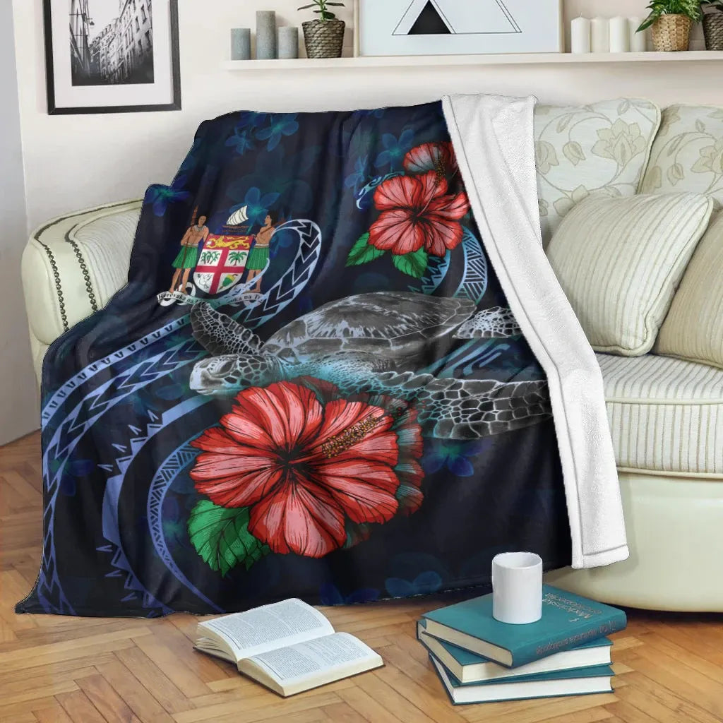 Fiji Polynesian Premium Blanket - Blue Turtle Hibiscus-Myprintsy