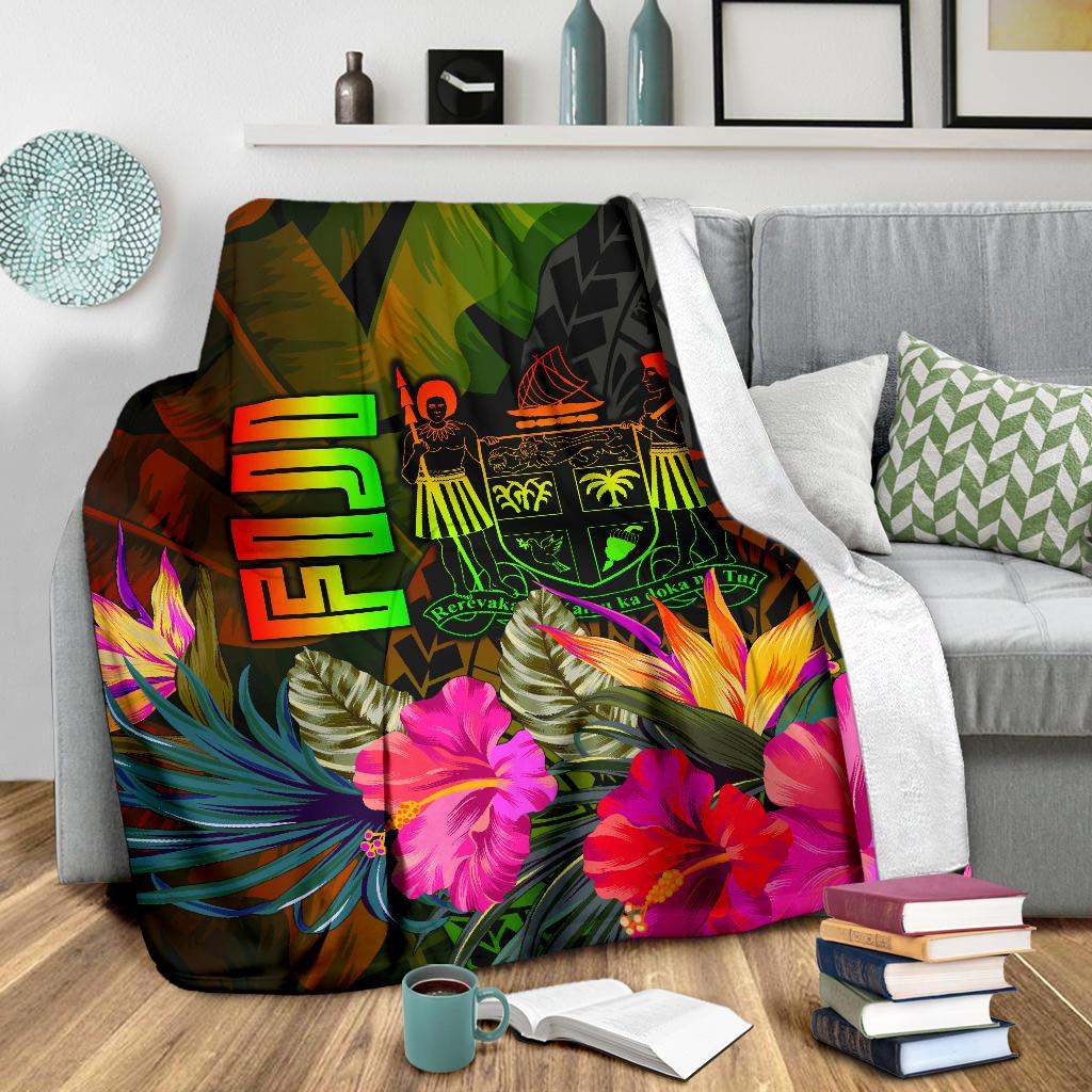 Fiji Polynesian Premium Blanket - Hibiscus and Banana Leaves-Myprintsy