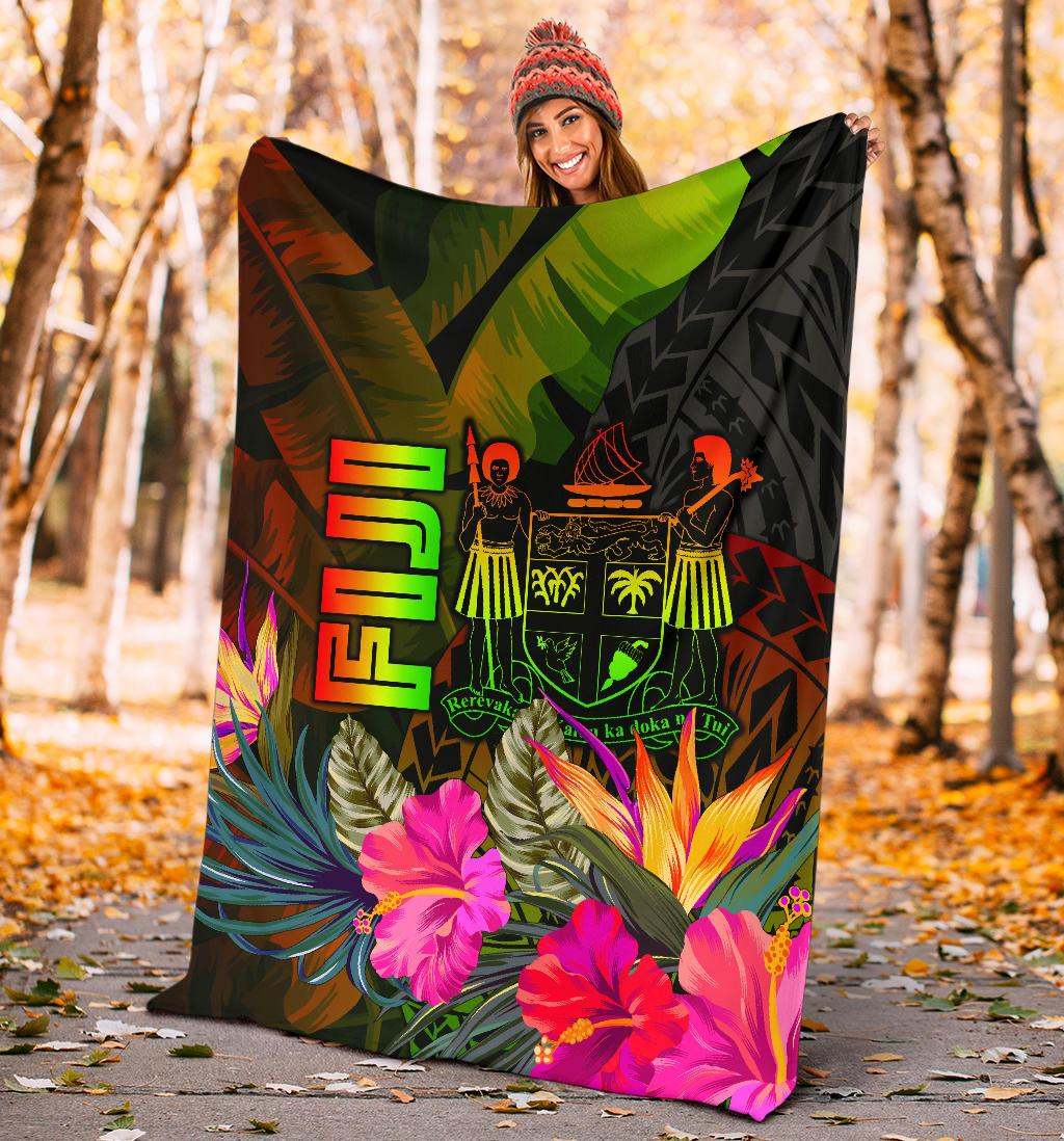 Fiji Polynesian Premium Blanket - Hibiscus and Banana Leaves-Myprintsy