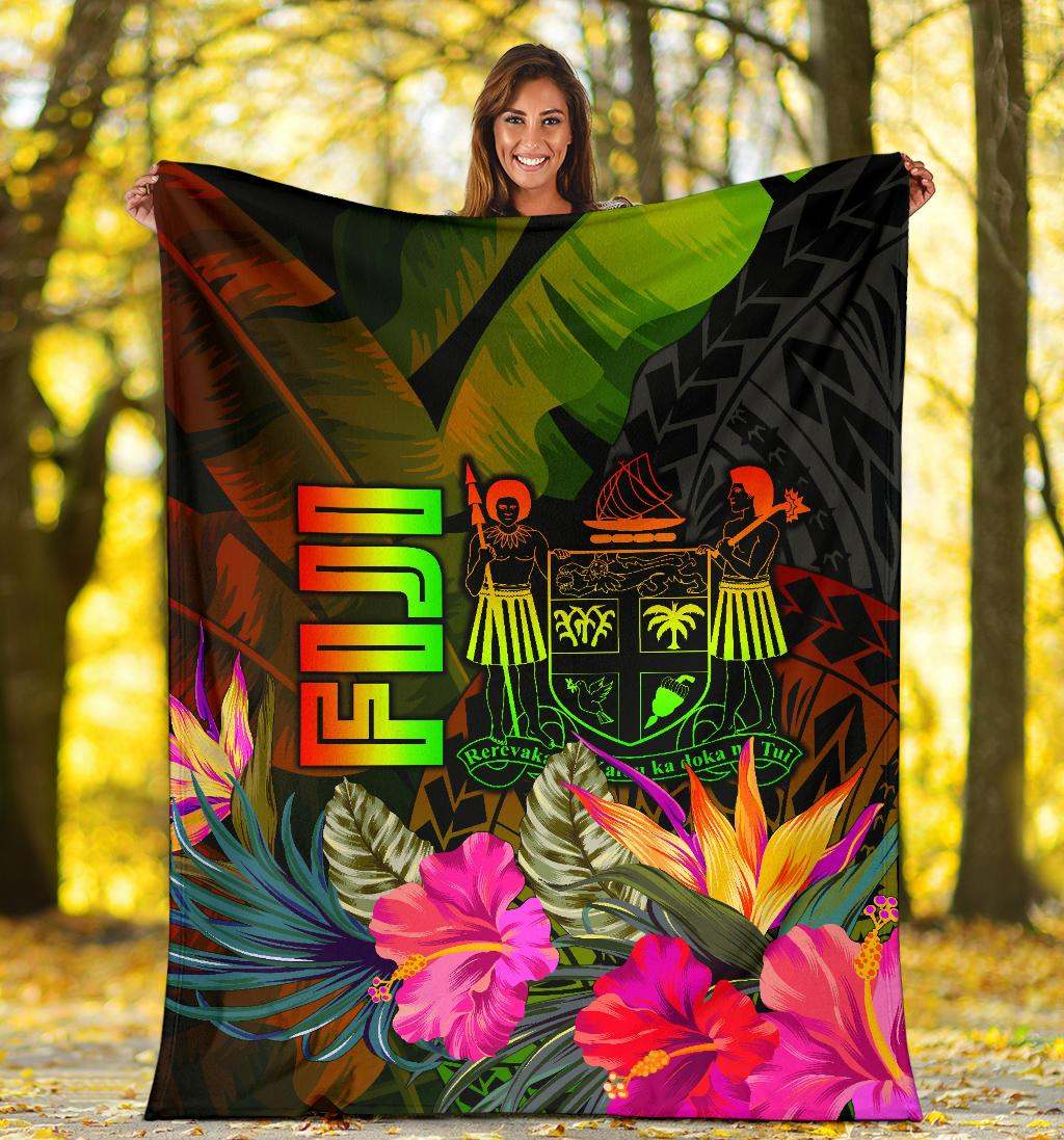 Fiji Polynesian Premium Blanket - Hibiscus and Banana Leaves-Myprintsy